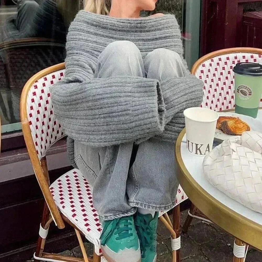 Grey Casual Women's Asymmetric Collar Long Sleeve Loose Sweater